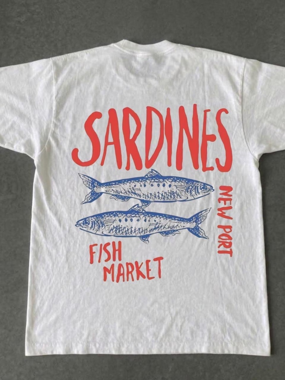 Gildan White Tee with Red Text & Blue Fish Graphic